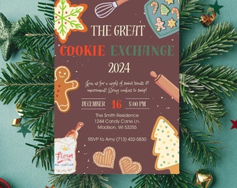 Modèle d'invitation d'échange de biscuits de Noël, fête des fêtes modifiable (téléchargement numérique)