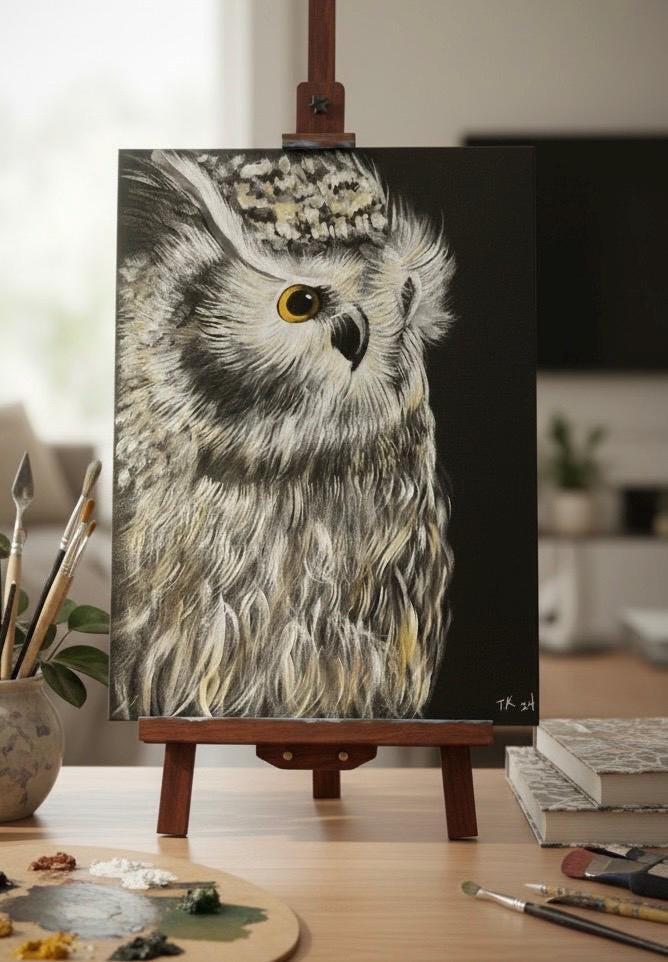 Horned Owl Acrylic Painting, Master Raptor Art, 9x12
