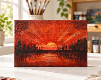 Hand-Painted Sunset Silhouette Decor, 4x6 Small Textured Canvas Board