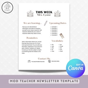 Teacher Newsletter Template Canva, Class Newsletter, School Newsletter Printable, Teacher Printable, Back to School Template, Canva Template