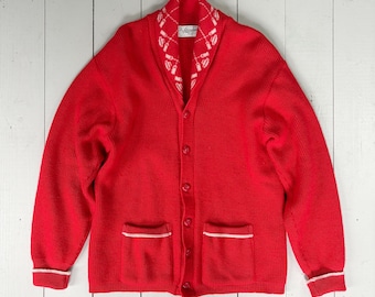 1950s VINTAGE Curling Novelty Sweater Cardigan: Red Botany Wool Shawl Collar