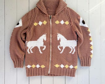 Vintage 1960s 1970s Cowichan Style Horse Knit Cardigan Zip Up Western Sweater