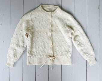 1940s Hand Knit Cardigan Jumper: Vintage Cream Wool Bubble Stitch with Drawstring Size Small