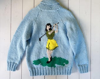 Vintage Hand-Knit Cowichan Cardigan: 1950s Woman Golfer Sweater (M/L)