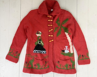 Vintage 1950s Hand Knitted Wool Cardigan Mexican Scene Cowichan Style Jacket Toggle Buttons England