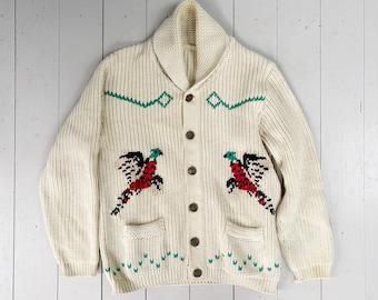 Hand Knit 1950s 60s Cowichan Pheasant Wool Sweater Shawl Collar Heavyweight Bird Hunting Jacket
