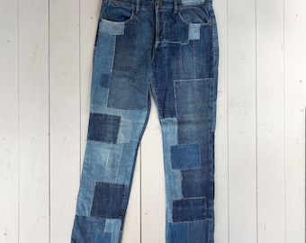 Vintage Ralph Lauren Patchwork Boro Jeans - Cinch Back Distressed Indigo Denim - Size 30