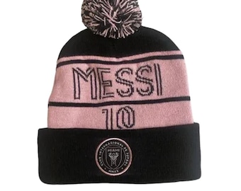 Gorro de invierno festivo con el número 10 de Messi, clásico gorro de punto con puños y pompón. Negro.