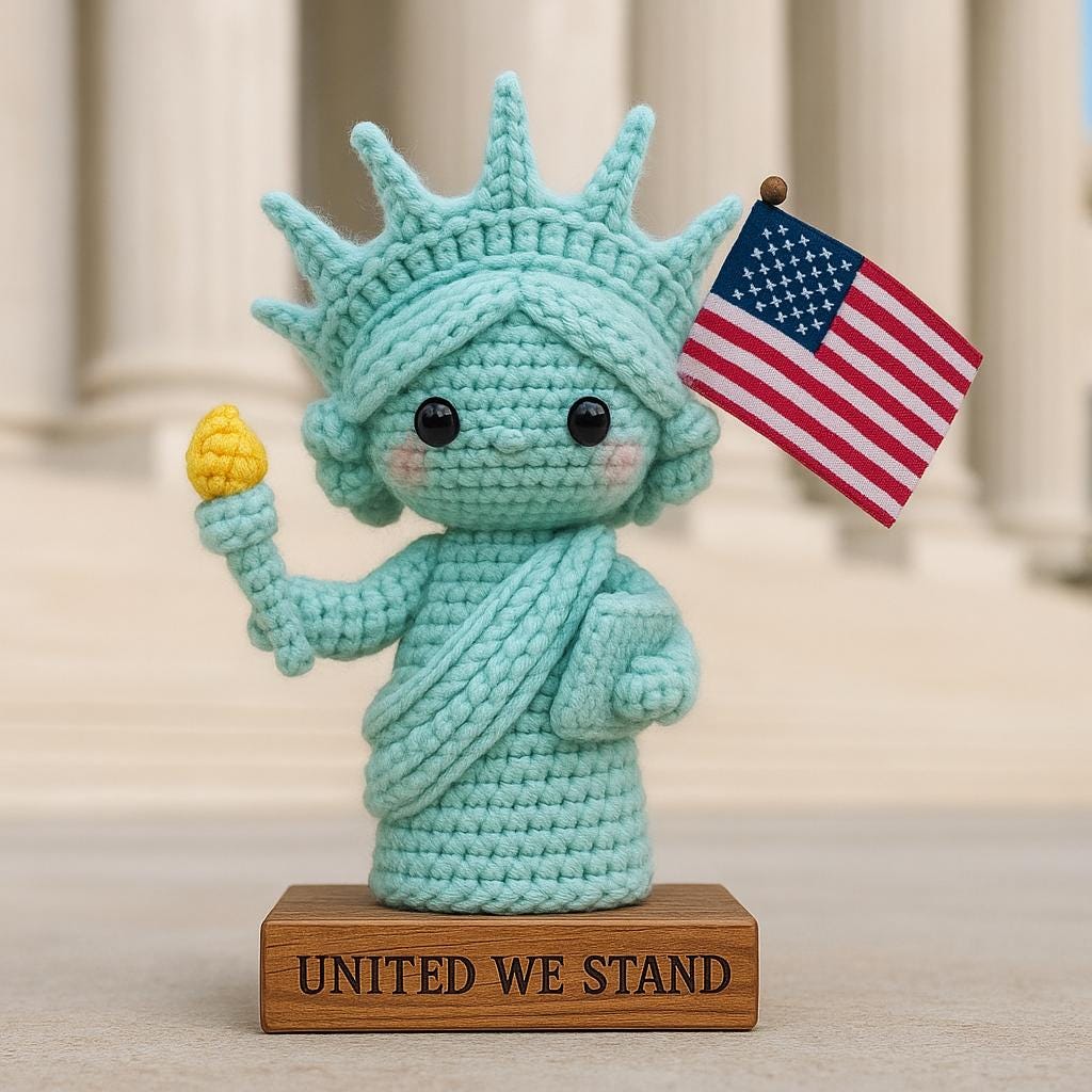 Handmade Crochet Statue of Liberty – Patriotic Amigurumi Decor with US Flag and Wooden Base, 4th of July Centerpiece, Independence Day Decor