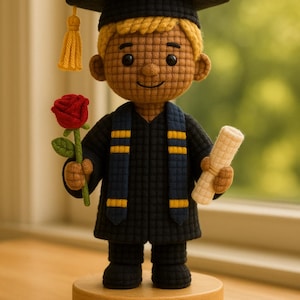 Aangepaste gehaakte afstudeerpop met geboortebloem, gepersonaliseerd cadeau afgestudeerde, handgemaakte afgestudeerde aandenken, aangepaste amigurumi graduatie