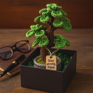May include: A crochet bonsai tree with green leaves and a brown trunk, displayed in a black box. The wooden tag says "Stay strong, Papa." The bonsai is in a grey pot with green decorative filler. A thoughtful gift idea.