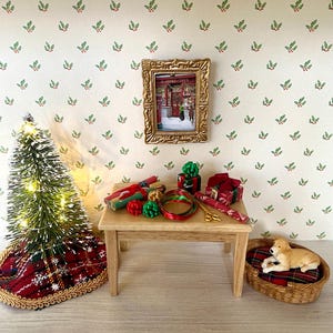 Miniature Table with Christmas Gifts Wrapping Table 1:12 OOAK Holiday Dollhouse