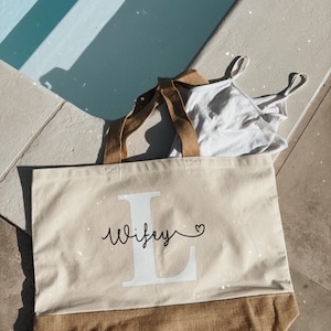 XXL Tasche personalisiert | Strandtasche Shopper Alltag Urlaub Wellness | Jute Canvas Bag mit Name & Initiale