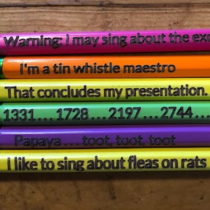 May include: Six colorful pencils with humorous messages printed on them. The pencils are arranged vertically, with the pink pencil at the top and the yellow pencil at the bottom. The messages on the pencils are: "Warning: I may sing about the excretory system", "I'm a tin whistle maestro", "That concludes my presentation. Any questions?", "1331... 1728... 2197... 2744... 3375", "Papaya... toot, toot, toot", and "I like to sing about fleas on rats".