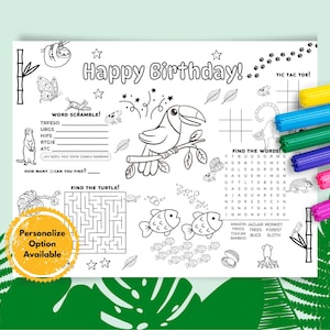 Rainforest Birthday Party Placemat: Coloring Page & Word Search (Printable Game