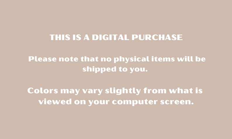 Puede incluir: Aviso de compra digital sobre un fondo beige. El texto blanco dice: &laquo;ESTA ES UNA COMPRA DIGITAL&raquo;. Se indica que no se enviar&aacute;n art&iacute;culos f&iacute;sicos y que los colores pueden variar en la pantalla.
