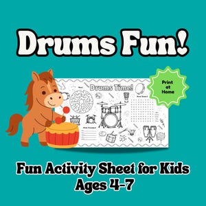 Drums Fun Activity Sheet for Kids Ages 4–7 | Music-Themed | Word Search, Maze, Tracing & Coloring |