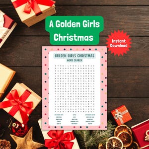Puede incluir: Un juego de b&uacute;squeda de palabras de Golden Girls Christmas con un borde rosa, rodeado de regalos envueltos con lazos rojos y decoraciones navide&ntilde;as. El rompecabezas es una descarga instant&aacute;nea.
