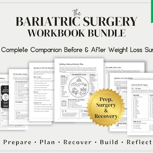 Könnte beinhalten: Ein Arbeitsbuch-Paket für bariatrische Chirurgie mit über 100 bedruckten Seiten. Die Seiten enthalten Checklisten, Gewohnheitstracker und Leitfäden zur Vorbereitung und Genesung nach der Operation, mit einem goldenen sternförmigen Etikett.
