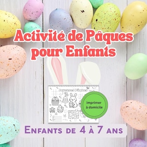 Pode incluir: Um conjunto de atividades com tema de Páscoa para crianças, com um livro para colorir com desenhos de coelhos e ovos de Páscoa, rodeado por ovos salpicados de várias cores. O texto diz "Atividade de Páscoa para crianças" e "Crianças de 4 a 7 anos".