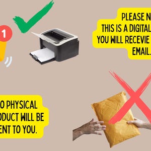 Puede incluir: Imagen que ilustra un proceso de entrega de producto digital. Se muestra un sobre amarillo con una notificaci&oacute;n roja, una impresora y una marca de verificaci&oacute;n verde. El texto dice: "NO SE LE ENVIAR&Aacute; NING&Uacute;N PRODUCTO F&Iacute;SICO." y "TENGA EN CUENTA: ESTE ES UN PRODUCTO DIGITAL. RECIBIR&Aacute; EL ART&Iacute;CULO POR CORREO ELECTR&Oacute;NICO."