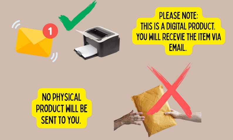 Puede incluir: Imagen que ilustra un proceso de entrega de producto digital. Se muestra un sobre amarillo con una notificaci&oacute;n roja, una impresora y una marca de verificaci&oacute;n verde. El texto dice: "NO SE LE ENVIAR&Aacute; NING&Uacute;N PRODUCTO F&Iacute;SICO." y "TENGA EN CUENTA: ESTE ES UN PRODUCTO DIGITAL. RECIBIR&Aacute; EL ART&Iacute;CULO POR CORREO ELECTR&Oacute;NICO."