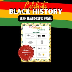 May include: A printable Black History Quest brain teaser puzzle with a red, yellow, green, and black patterned border. The puzzle features a variety of images and words, including "Love", "Hate", "Stand", "Kind", and "Cism".