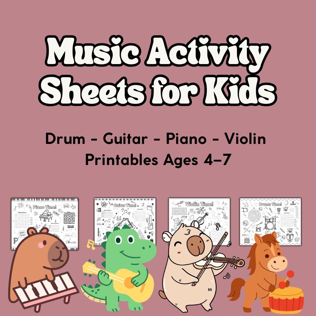 Music Activity Sheets for Kids | Drum, Guitar, Piano & Violin ...