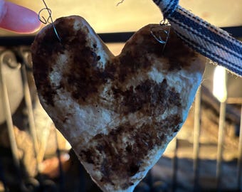 Primitive hand spun cotton heart ornament, coffee stained rustic home decor