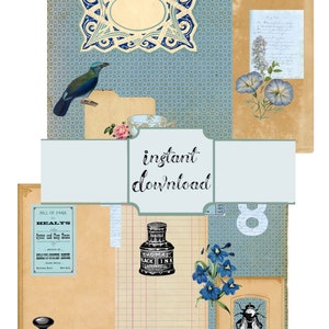 Blue Collage Printable Pack, Ephemera Scrapbook Paper Set, Digi Kit, Commercial Use