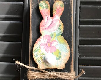 Rustic Style Easter Bunny Rabbit Wood Block, Country Tiered Tray Decor, Black and Florals