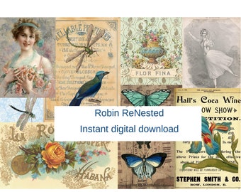 Vintage Botanical Collage Sheet, Blue Floral Junk Journal (Digital Download)