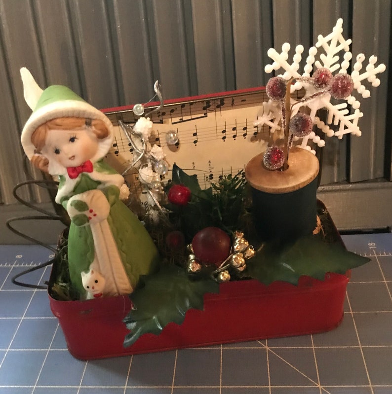 Vintage Christmas Vignette Scene Mcm Holiday Decor Old Sewing tin Centerpiece Diorama Green Mixed Media Assemblage OOAK image 1