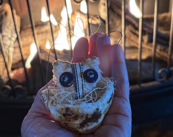 Handmade Coffee Stained Spun Cotton Egg Ornament, Rustic Owl Decor