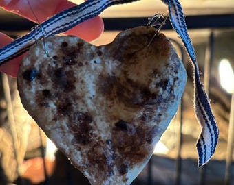 Primitive hand spun cotton heart ornament, coffee stained rustic home decor