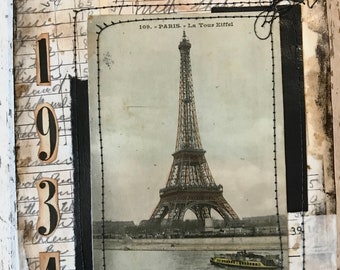 Paris  journal, Eiffel Tower notebook, Tattered junk journal,  Grungy diary, Travel journal, Mixed media art book