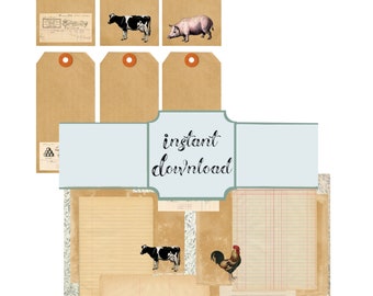 Farm Ephemera Printable Pack, Collage Journaling Spots, Digital Page, Digital Tags with Farm Animals, Commercial Use