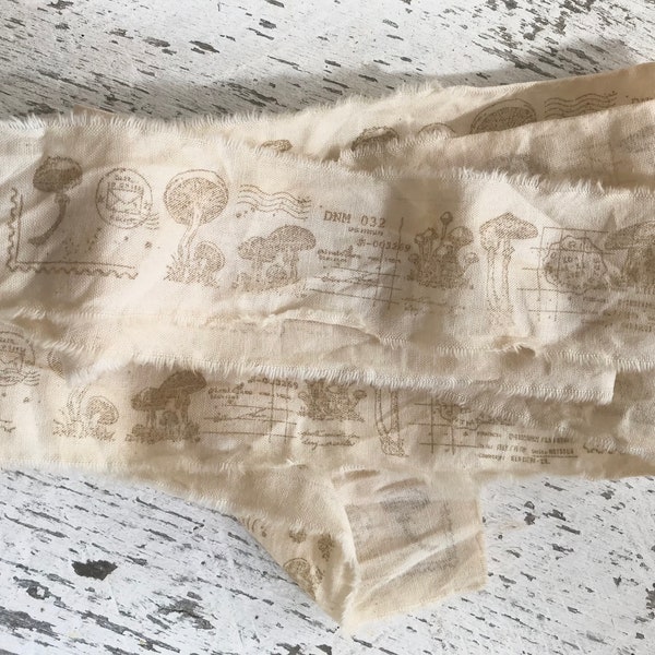Mushroom Hand Stamped Ribbon, Coffee Stained Fungi Embellishment, Journal Supplies, Assemblage, Primitive Muslin Trim