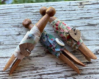 3 Vintage clothespins with primitive fabric wrapped, Rustic Decor