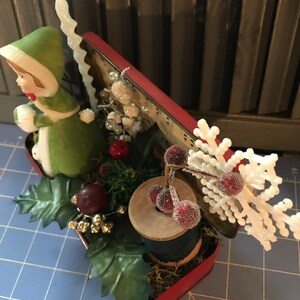 Vintage Christmas Vignette Scene Mcm Holiday Decor Old Sewing tin Centerpiece Diorama Green Mixed Media Assemblage OOAK image 3
