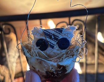 Handmade Coffee Stained Spun Cotton Egg Ornament, Rustic Owl Decor, owlet Easter decor
