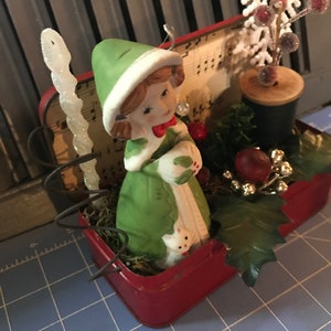 Vintage Christmas Vignette Scene Mcm Holiday Decor Old Sewing tin Centerpiece Diorama Green Mixed Media Assemblage OOAK image 2