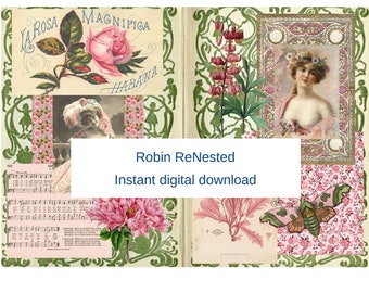 Shabby Collage Digital Download, Pink Digital Background, Junk Journal Page, Chic Floral Women