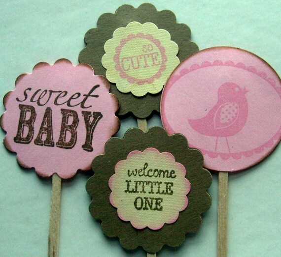Items similar to vintage cupcake toppers, baby shower, girl, brown and