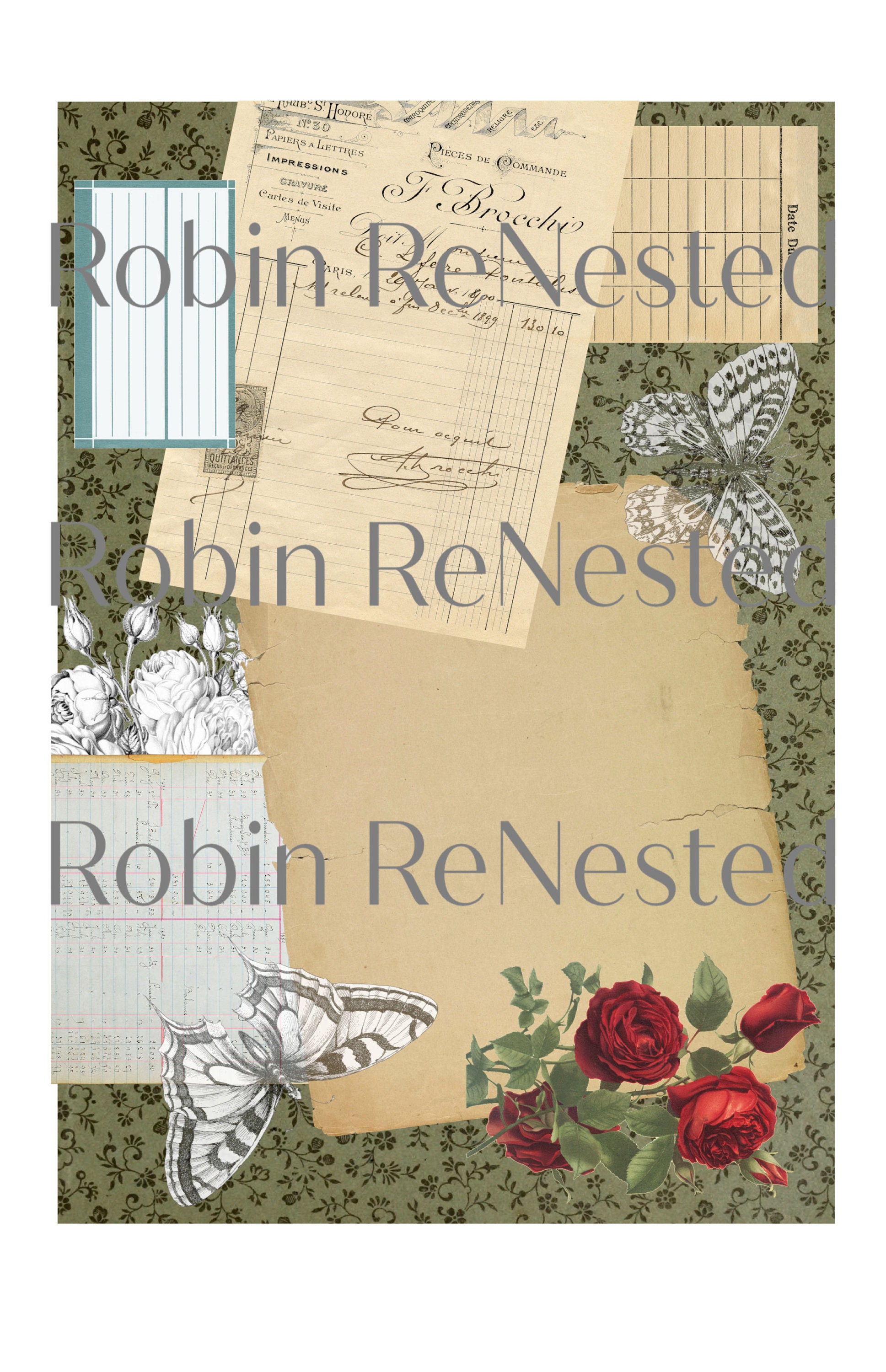 Rose Pattern Printable Paper Kit, Stripes and Roses, Junk Journal Pages, Coordinating Set of 3 ...