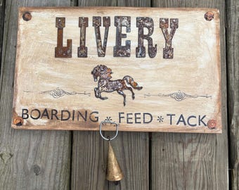 Equestrian Vintage Style, Livery Stable Sign, Rustic Horse Decor, Farmhouse Western Wall Art, Handmade Wood & Rusty Metal Sign
