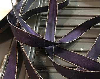 5 Yards, Vintage Purple Taff Ribbon with Gold Edge Yardage Trim, New Old Stock