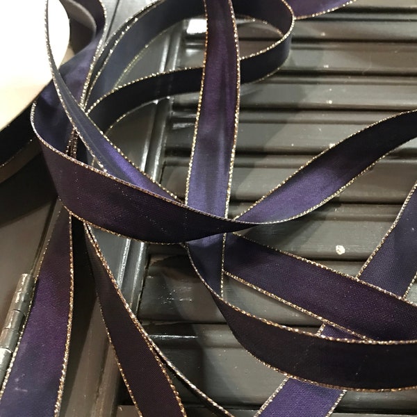 5 Yards, Vintage Purple Taff Ribbon with Gold Edge Yardage Trim, New Old Stock