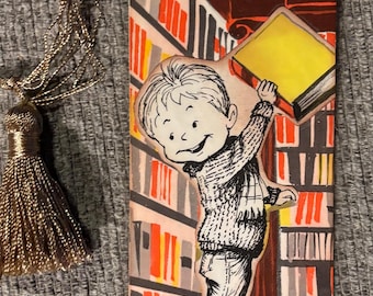 Retro Library Bookmark, Reclaimed Paper, Tassel, Laminated, Children Theme, OOAK