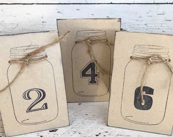 Country Wedding table signs - Mason jar Table Numbers - Rustic kraft Table tent - set of 10